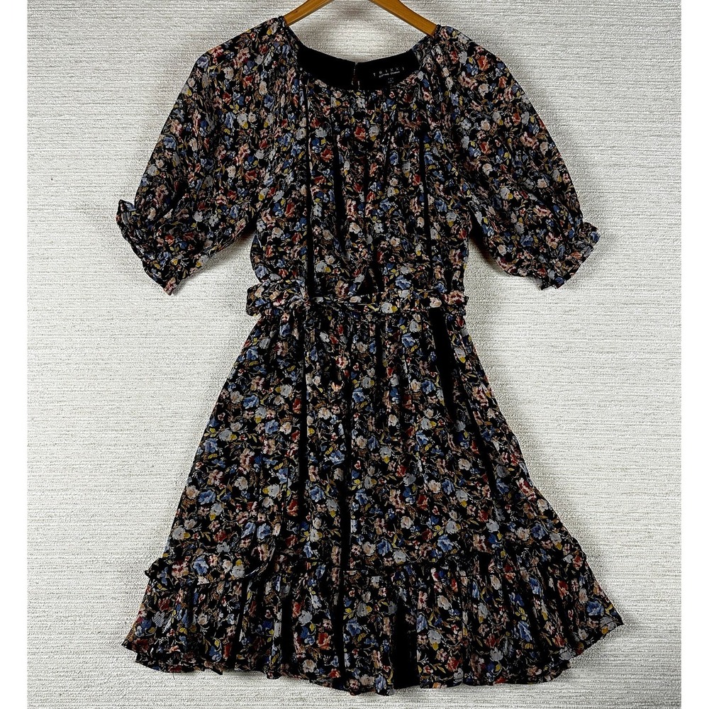Trixxi Floral Mini Dress Small Black‎ Short Puff Sleeve Tie Waist Ruffle Tiered